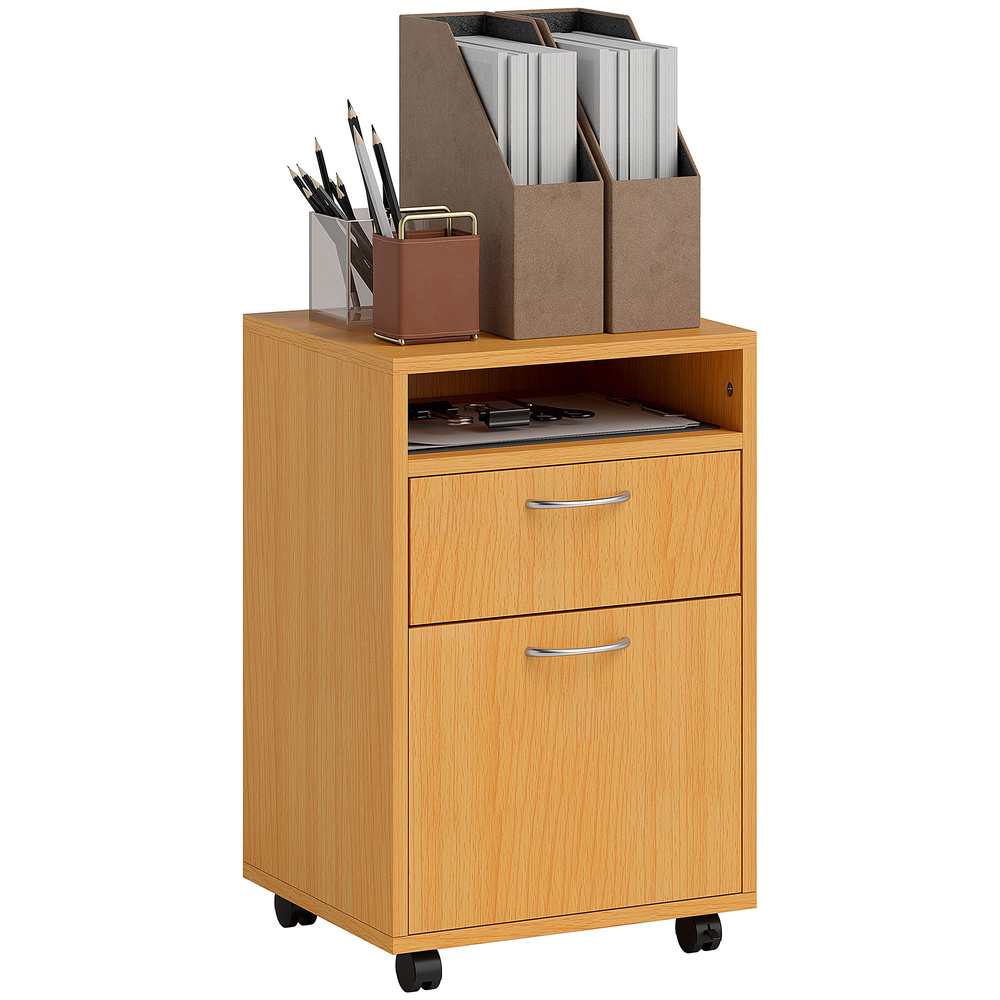 HOMCOM Filing Cabinet, Mobile File Cabinet with 2 Lockable Drawers, Office Home Organiser on Wheels for A4, Letter-Size File Folders, Mobile Printer with Open Shelf, Natural Wood Finish