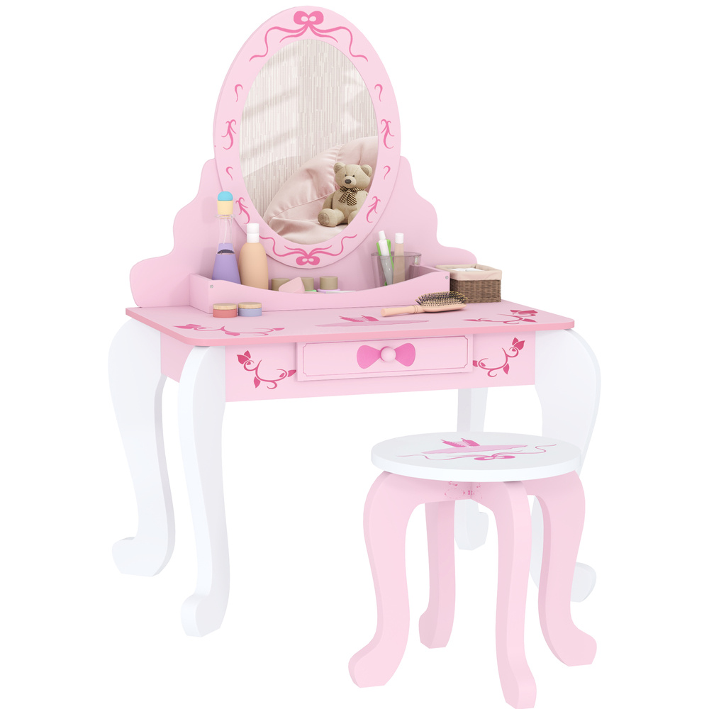 AIYAPLAY Kids Dressing Table Set, Vanity Table with Stool, Mirror, Drawer, Desktop, Storage, Ballet-Theme, Pink
