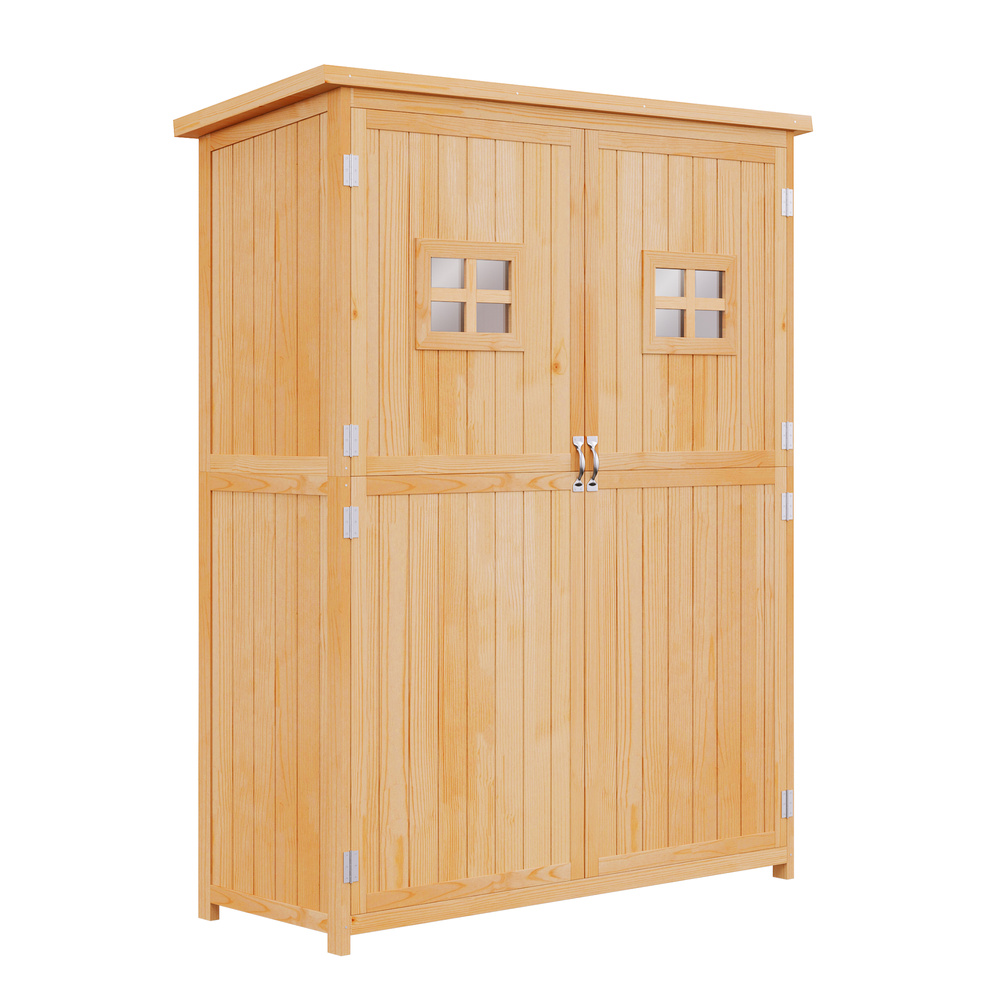 Outsunny Wooden Garden Shed with Two Windows, Tool Storage Cabinet, Outdoor Double Door Organizer 127.5L x 50W x 164H cm, Natural