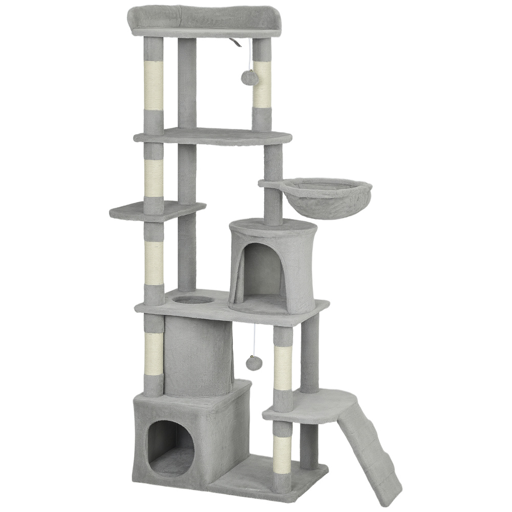 PawHut 170 cm Large Cat Tree, Cat Tower with 7 Scratching Posts, 2 Condos, Hammock, Light Grey