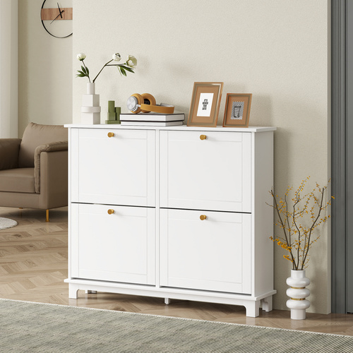 HOMCOM Narrow Shoe Storage Cabinet, Slim Shoe Cabinet with 4 Flip Drawers, Adjustable Shelves for 16 Pairs of Shoes, White