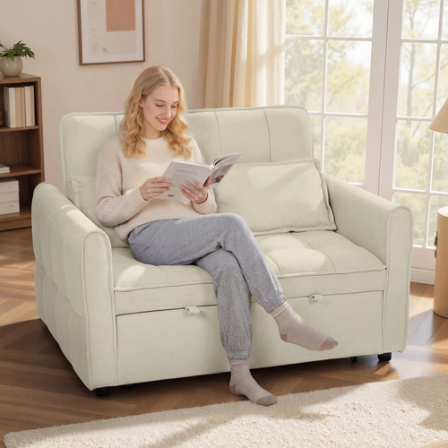 HOMCOM 2 Seater Sofa Bed, 3-in-1 Convertible Sleeper Sofa with Click-clack Adjustable Backrest and 2 Pillows, Light Brown