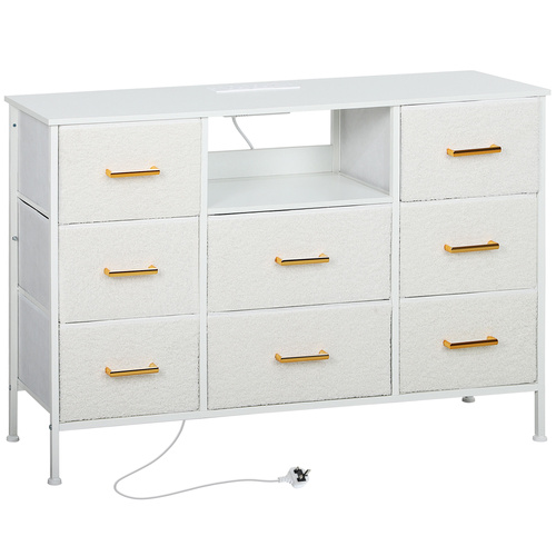 HOMCOM Boucle Chest of Drawers, 8 Fabric Drawers Storage Organiser with Charging Station, 2 USB and 2 AC Ports, Steel Frame, Fabric Dresser for Living Room, Bedroom, Hallway, Cream White