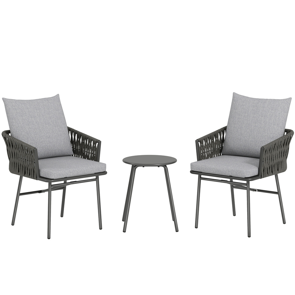 Outsunny 3-Piece Rattan Bistro Set, Garden Table and Chairs with 4 Cushions, Patio Rattan Conversation Furniture Set for Balcony, Porch, Terrace, Grey