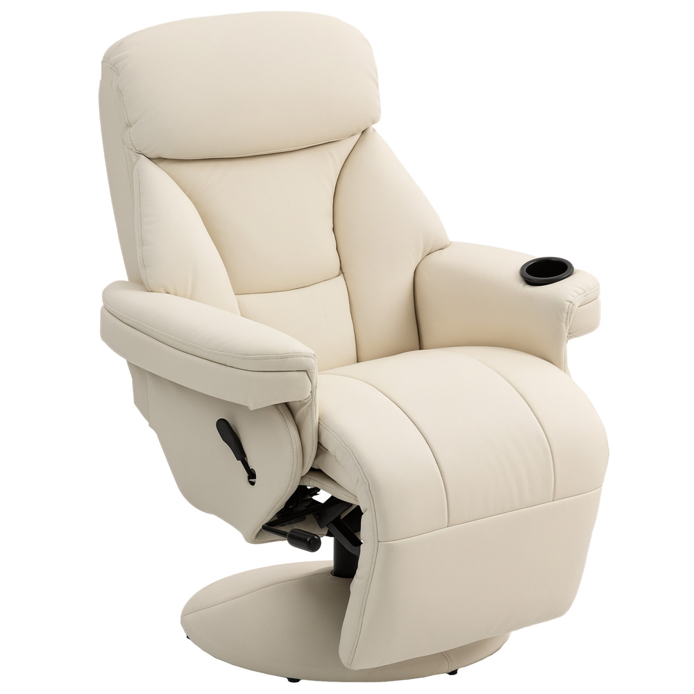 HOMCOM Manual Recliner Chair with Footrest, Upholstered Reclining Armchair with Adjustable Backrest and Cup Holder, PU Leather Swivel Chair for Living Room, Bedroom, Cream White