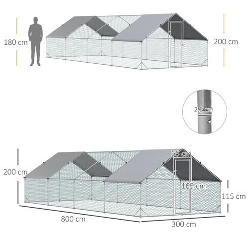 PawHut Chicken Run Galvanised Walk-in Chicken Coop Hen Poultry House Cage Rabbit Hutch with Water-Resist Cover, 3 x 8 x 2m