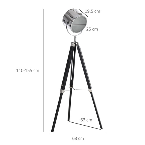 HOMCOM Industrial Style Adjustable Tripod Floor Lamp, Searchlight Lamp with Wooden Legs and Steel Lampshade, 110-155cm, Black