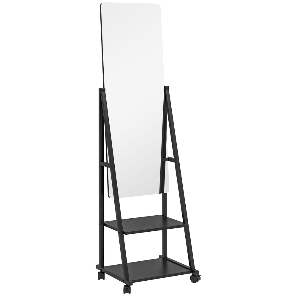 HOMCOM Free Standing Dressing Mirror, Rolling Full Length Mirror on Wheels with Adjustable Angle, Storage Shelves for Bedroom