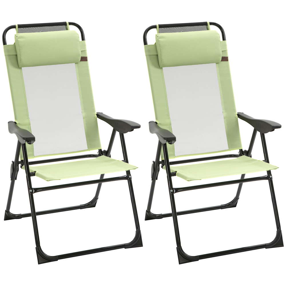 Outsunny Folding Garden Chairs Set of 2, 5-Position Recliner Camping Chair with High Back, All Weather Texteline Seat, Portable Outdoor Dining Chairs with Headrests for Patio, Picnic, Green