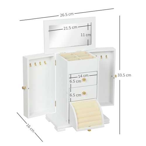 HOMCOM 4-Tier Jewellery Box with Mirror and 2 Drawers - White