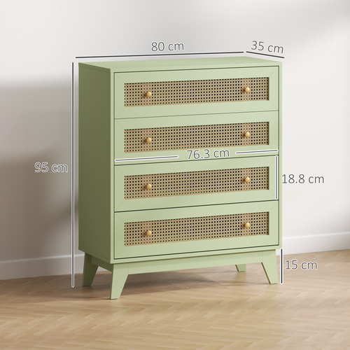 HOMCOM Chest of Drawers, 4-Drawer Storage Organiser Unit with Rattan Element for Bedroom, Living Room, Light Green