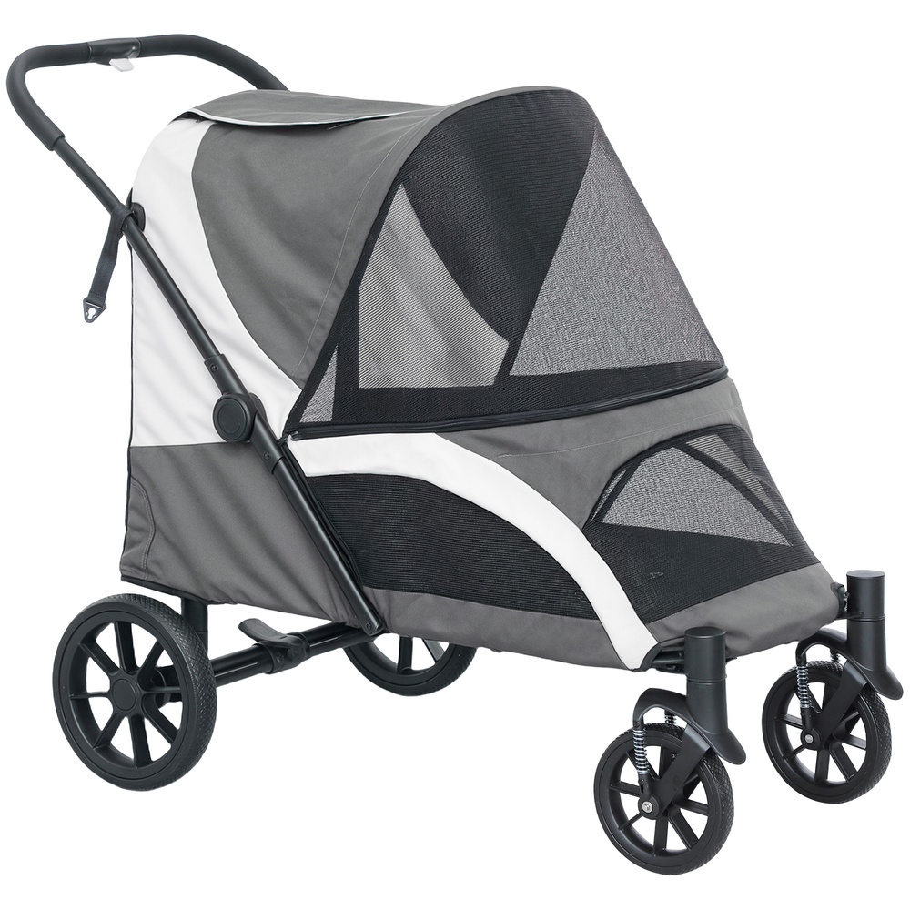 PawHut Foldable Pet Stroller for Large Dogs with 4 Big Wheels, Shock-Absorbing Frame, Safety Leashes, Brakes, Dark Grey