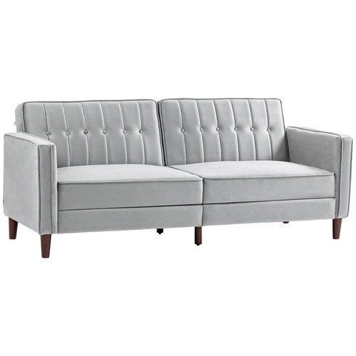 HOMCOM Modern Convertible Sofa Futon Velvet-Touch Tufted Couch with Adjustable Split Back, Light Grey
