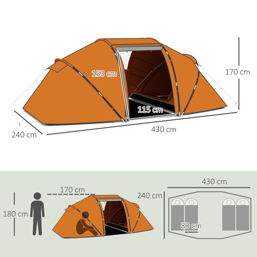 Outsunny 4-6 Man Camping Tent with Living Area and 2 Bedrooms, Hiking Sun Shelter, UV Protection Tunnel Tent, Orange
