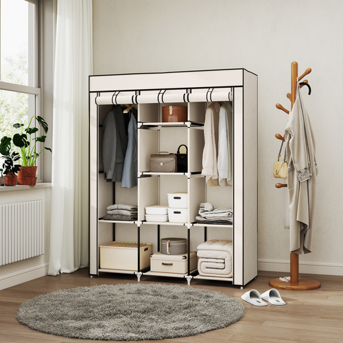 HOMCOM Fabric Wardrobe, with Rails and Shelves - Cream White