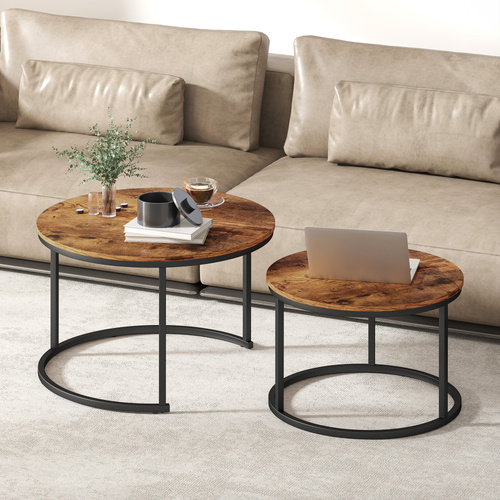 HOMCOM Coffee Table Set of 2, Round Nest of Tables with Metal Frame, Modern Side Tables for Living Room, Rustic Brown