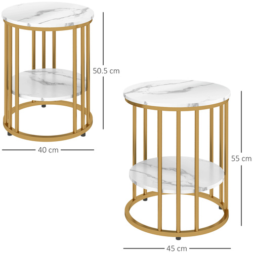 HOMCOM Set of Two Marble-Effect Coffee Tables - White/Gold-Tone