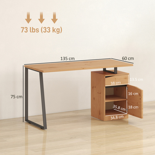 HOMCOM Computer Desk, Writing Desk with Cabinet, Drawer, Metal Legs, Work Table for Home Office Study, Natural Wood Finish