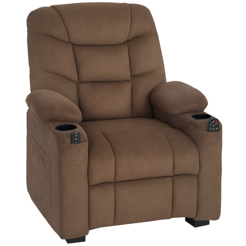 HOMCOM Electric Massage Recliner Armchair with Vibration, Heat, Whisper-Quiet Motor, Memory Function, Fleece Power Reclining Chair with Spring Pack, USB Port, Footrest, Side Pocket, Cup Holders, Brown