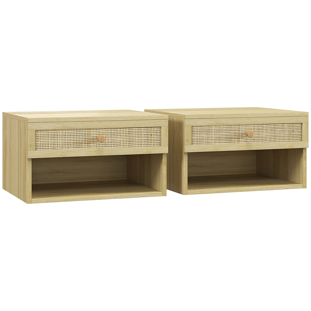 HOMCOM Set of Two Rattan Panel Floating Bedside Tables - Wood-Effect