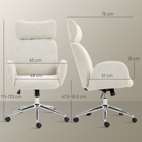 HOMCOM Office Chair with Adjustable Headrest, Spring Pack, Curved Line, Boucle Fabric - Pale Grey
