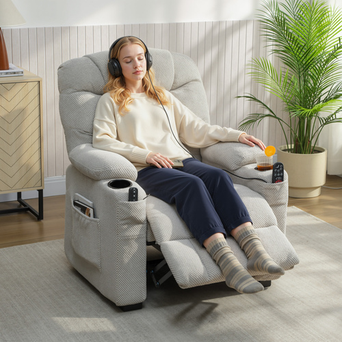 HOMCOM Electric Massage Recliner Armchair with Vibration, Heat, Whisper-Quiet Motor, Memory Function, Fleece Power Reclining Chair with Spring Pack, USB Port, Footrest, Side Pocket, Cup Holders, Grey
