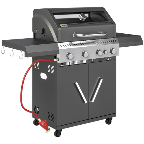 Outsunny 4+1 Burner Gas BBQ Grill with Clear View Lid, Portable Gas Barbecue Grill with Built-in Thermometer, Side Table, Cabinet, Wheels, Grease Tray for Garden Party Outdoor Cooking, Black