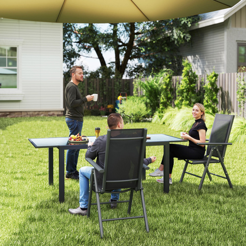 Outsunny Set of 2 Folding Garden Chairs, Aluminium Frame Outdoor Dining Chairs with Breathable Mesh Back and Seat, Garden Folding Chair Set with Armrests for Balcony, Dark Grey