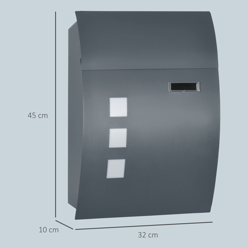 HOMCOM Wall Mounted Letter Box, Weatherproof Post Box for Outside Wall, Modern Mailbox with 2 Keys and Nameplate, Anthracite Grey