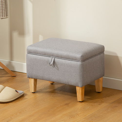 HOMCOM 16L Linen Storage Ottoman Padded Footstool with Rubberwood Legs for Storage Box, Bed End, Shoe Bench, Seating, Light Grey