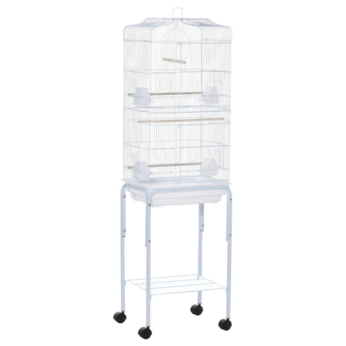 PawHut Bird Cage Budgie Cages for Finch Canary Parakeet with Stand Wheels Slide-out Tray Accessories Storage Shelf, White 46.5 x 36 x 157 cm