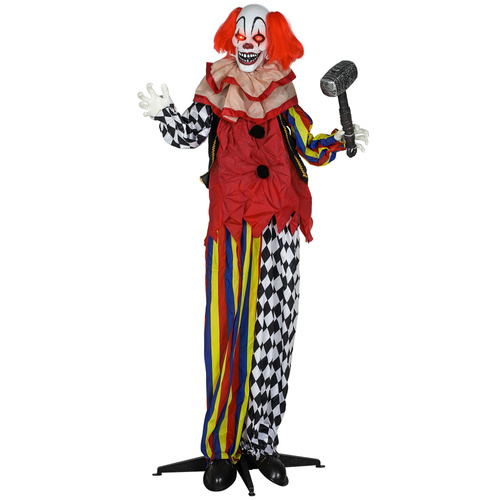 Outsunny 173 cm Life Size Halloween Animated Standing Clown & Hammer with Red Light Up Eyes, Sound Activated Moving Arms & Head, Scary Clown Halloween Decorations, Battery Operated, Indoor Party Props