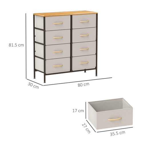 HOMCOM Fabric Chest of Drawers, Industrial Bedroom Dresser with 8 Fabric Drawers, Steel Frame and Wooden Top for Nursery, Living Room, Hallway, Cream White