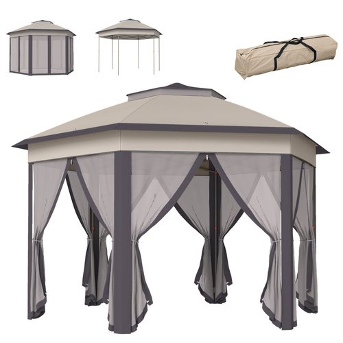 Outsunny 3 x 4m Garden Gazebo Hexagon Pop Up Gazebo Party Tent Canopy Double Roof Instant Shelter with Netting and Carry Bag for Outdoor Patio, Beige