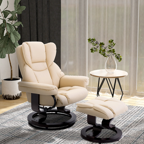 HOMCOM 360° Swivel Recliner Chair with Footstool, PU Leather Manual Recliner Armchair with Footstool, Solid Wood Base, Upholstered Reclining Chair for Living Room, Bedroom, Office, Cream