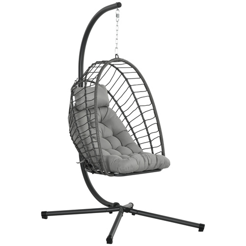 Outsunny Outdoor PE Rattan Swing Chair with Foldable Basket and Cushion, Garden Patio Hanging Egg Chair with Metal Stand, Headrest for Indoor and Outdoor, Light Grey