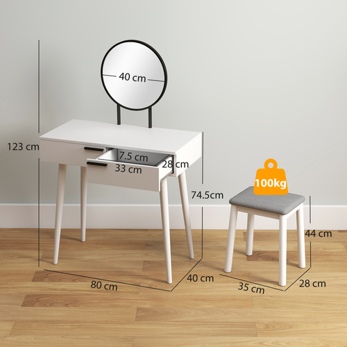 HOMCOM Modern Dressing Table with Round Mirror and Stool, Makeup Vanity Table with 2 Drawers for Bedroom, Living Room, 80 x 40 x 123 cm, White