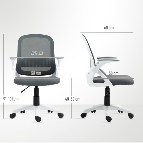 HOMCOM Breathable Mesh Office Chair, Ergonomic Swivel Computer Chair with Flip-up Armrests, Lumbar Back Support for Home/Office, Grey