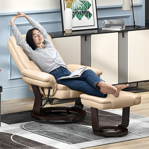 HOMCOM Faux Leather 135° Reclining Chair and Footstool - Beige