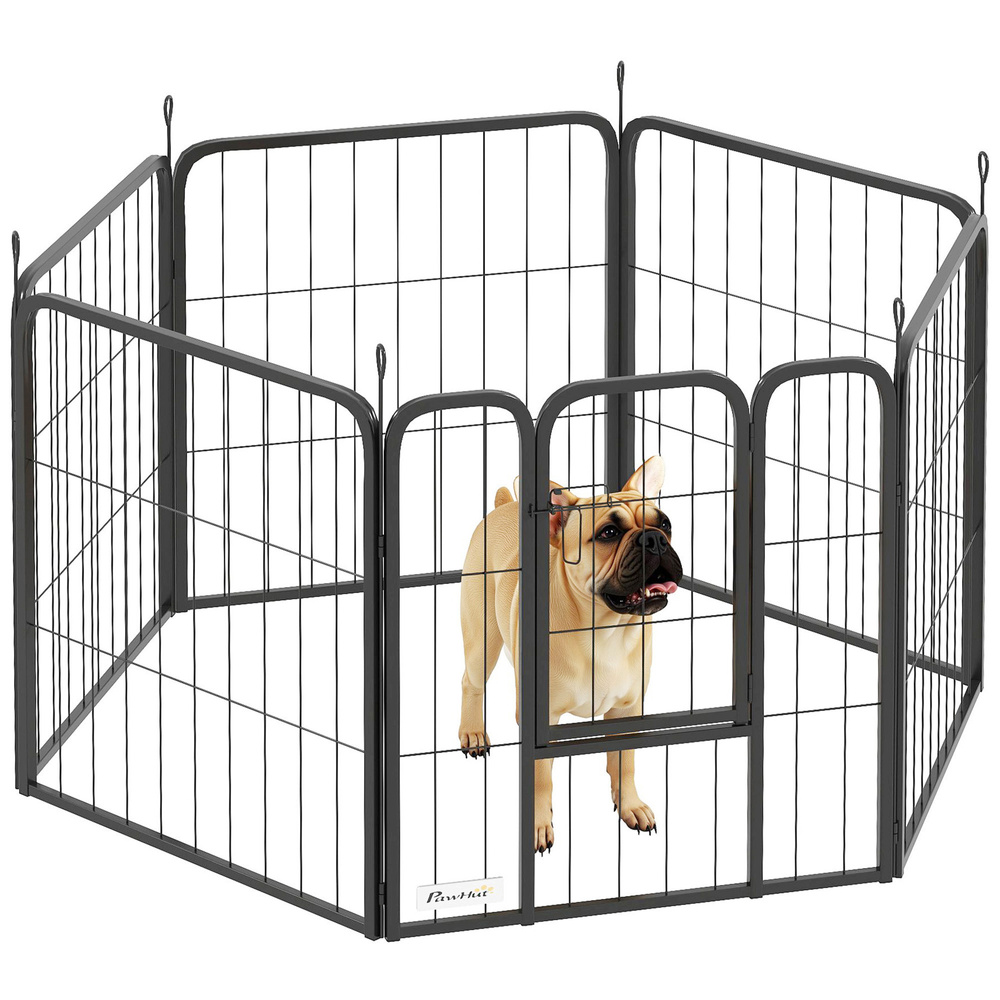 PawHut Six-Panel Dog Playpen with Door, for Small Dogs, Indoors, Outdoors, 60cm Tall, Black