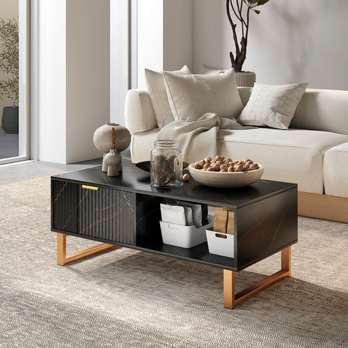 HOMCOM Elegant Marble Effect Storage Coffee Table - Black