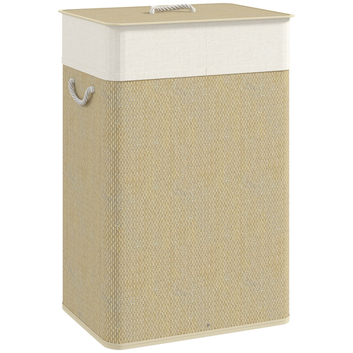 HOMCOM Bamboo Laundry Basket with Lid, 72L Laundry Hamper with Rope Handles, Washing Basket with Removable Washable Liner Bag for Bathroom, Bedroom, Nature Wood Finish