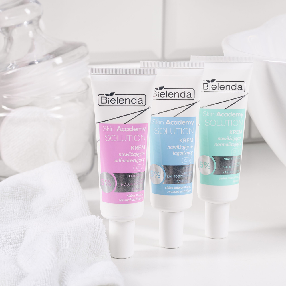 Bielenda Skin Academy Solution Moisturizing - Soothing Cream 5% Peptides with Lactobionic Acid and Panthenol for Dehydrated and Sensitive Skin for Day and Night 50ml