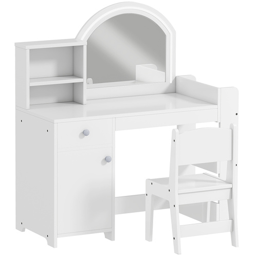 AIYAPLAY Kids Vanity Table and Chair Set, Girls Dressing Table with 2-Colour LED Mirror, Stool, Cabinet, Drawer, Shelves, White