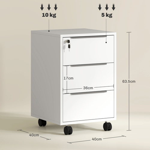 HOMCOM Three-Drawer Locking Filing Cabinet - White