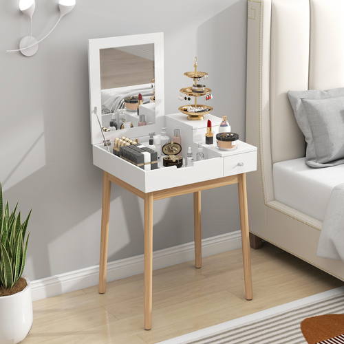 HOMCOM Dressing Table with Flip-up Mirror, Makeup Desk with 2 Drawers and Pine Wood Legs, Vanity Table Writing Desk for Bedroom Living Room, White