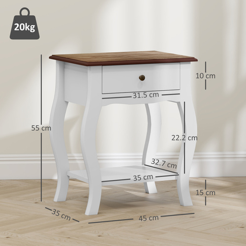 HOMCOM 2pcs Bedside Tables with Drawer, French Style Bedside Cabinets with Open Shelf for Bedroom, Living Room, White