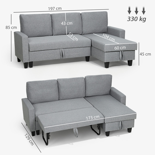 HOMCOM Three-Seater Storage Sofa Bed - Grey