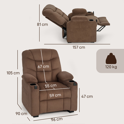HOMCOM Electric Massage Recliner Armchair with Vibration, Heat, Whisper-Quiet Motor, Memory Function, Fleece Power Reclining Chair with Spring Pack, USB Port, Footrest, Side Pocket, Cup Holders, Brown