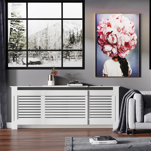 HOMCOM Extendable Radiator Cover, Modern MDF White Painted Cabinet with Horizontal Slats for Living Room, Bedroom, 139-208.5L x 20.5W x 82.5H cm